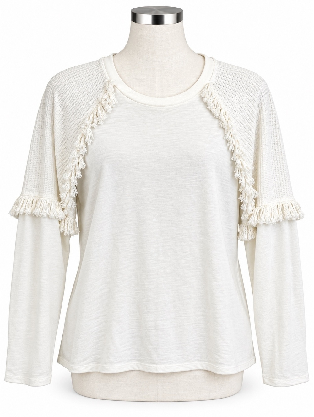Cupio Medium Ivory Boho Fringe Mixed Media Long Sleeve Top